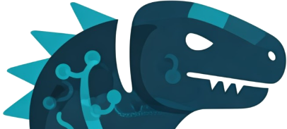 Mascote da Tavvanguard: um dinossauro azul com circuitos